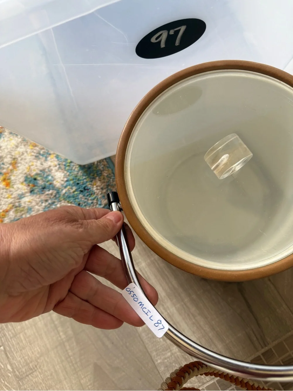 Mid Century Modern Naugahyde Ice Bucket Lucite Lid Chrome Handle Brown Barware